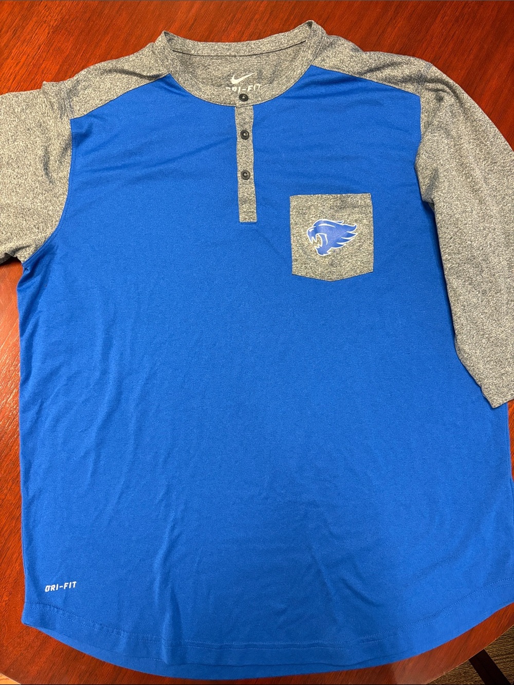 Nike Blue Henley Pocket Tee with Gray Contrast Sleeves